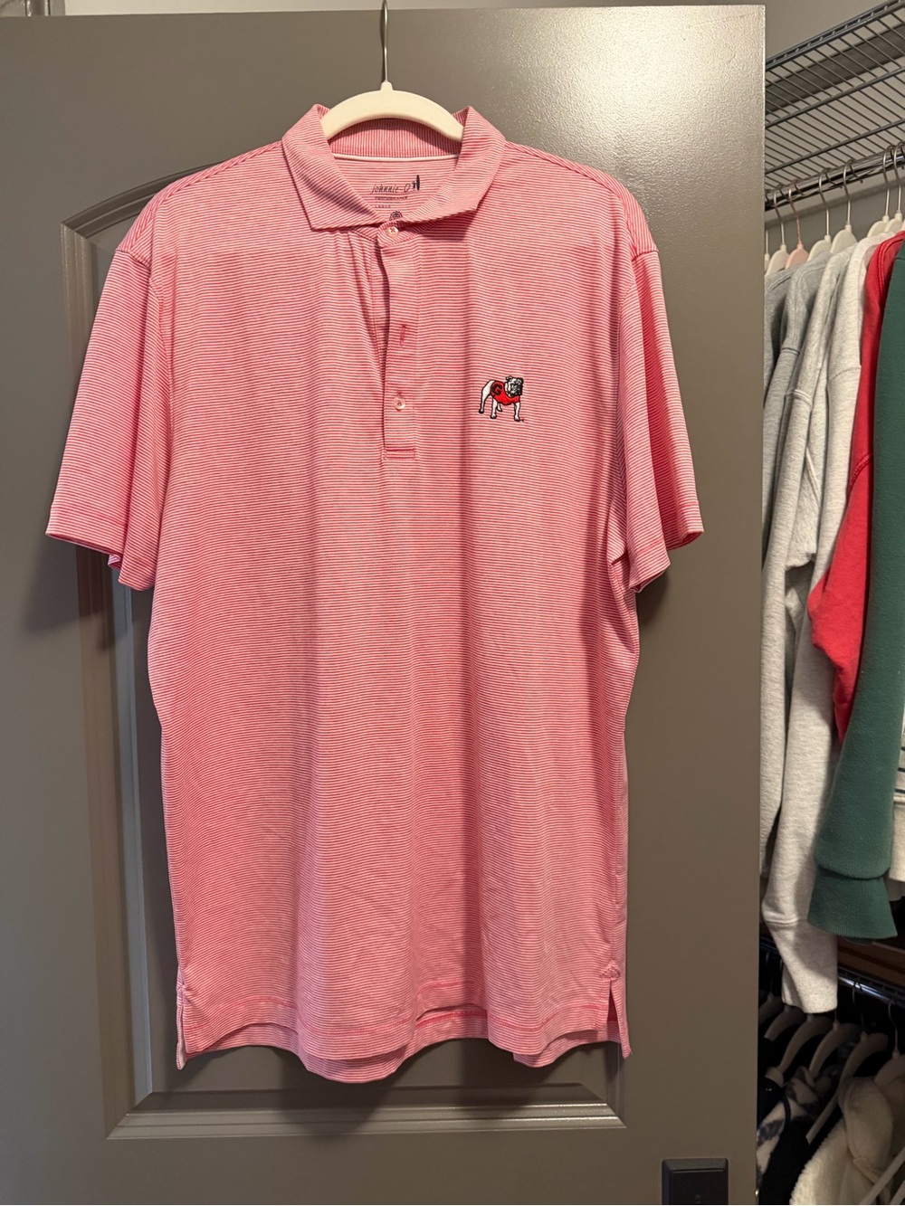 johnnie-O red Striped Polo with Embroidered Bulldog